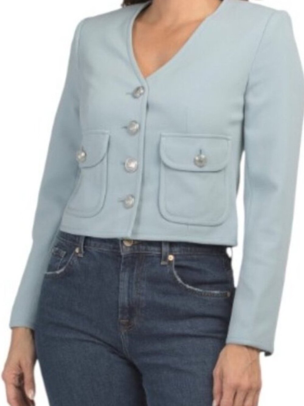 Elie Tahari Cropped V-Neck Blazer Decorative Buttons Powder Blue Size Large NWT